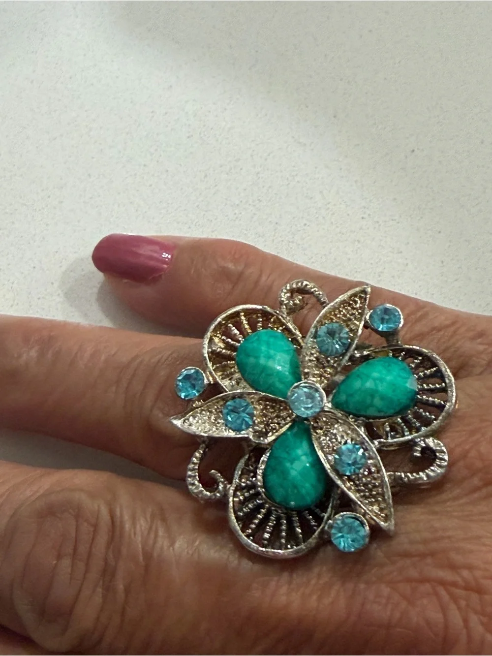 Vintage Style Teal Flower Adjustable Ring with Blue Crystals